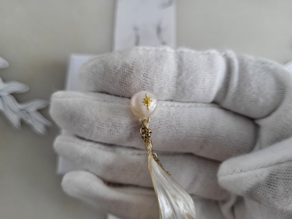 White Pearl Studs Boho Chic Earrings with Long Resin Petal Drop