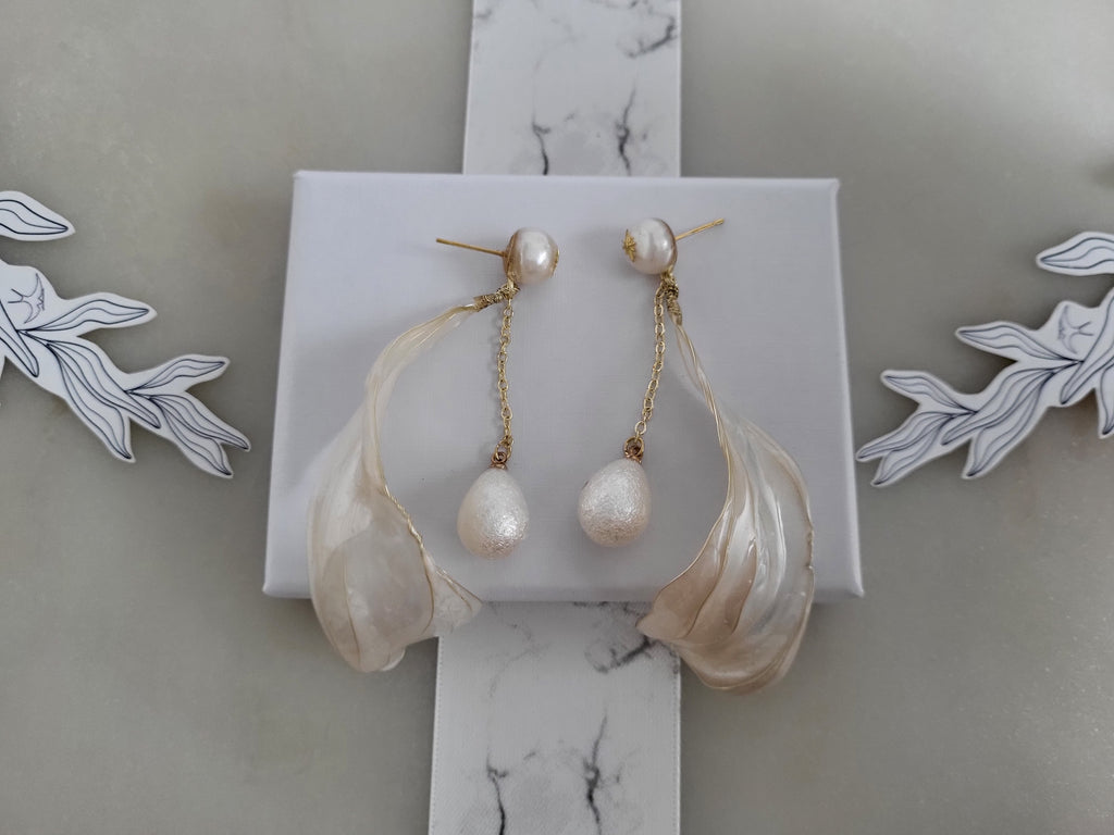 White Pearl Studs Boho Chic Earrings with Long Resin Petal Drop