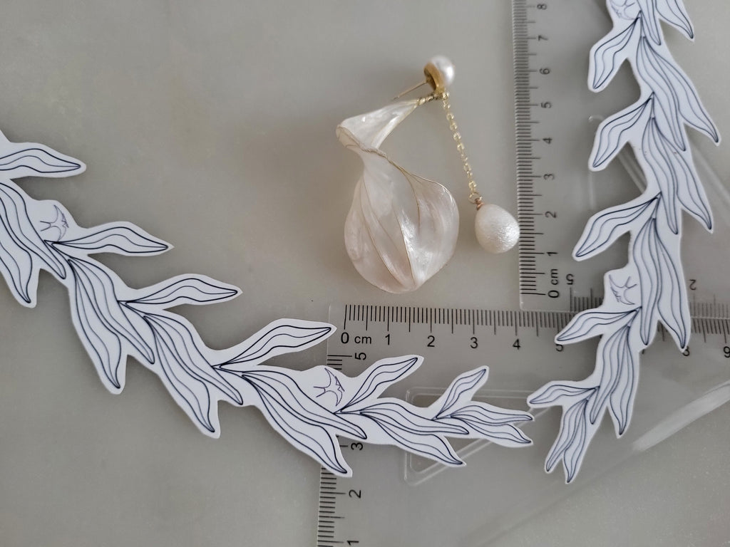 White Pearl Studs Boho Chic Earrings with Long Resin Petal Drop