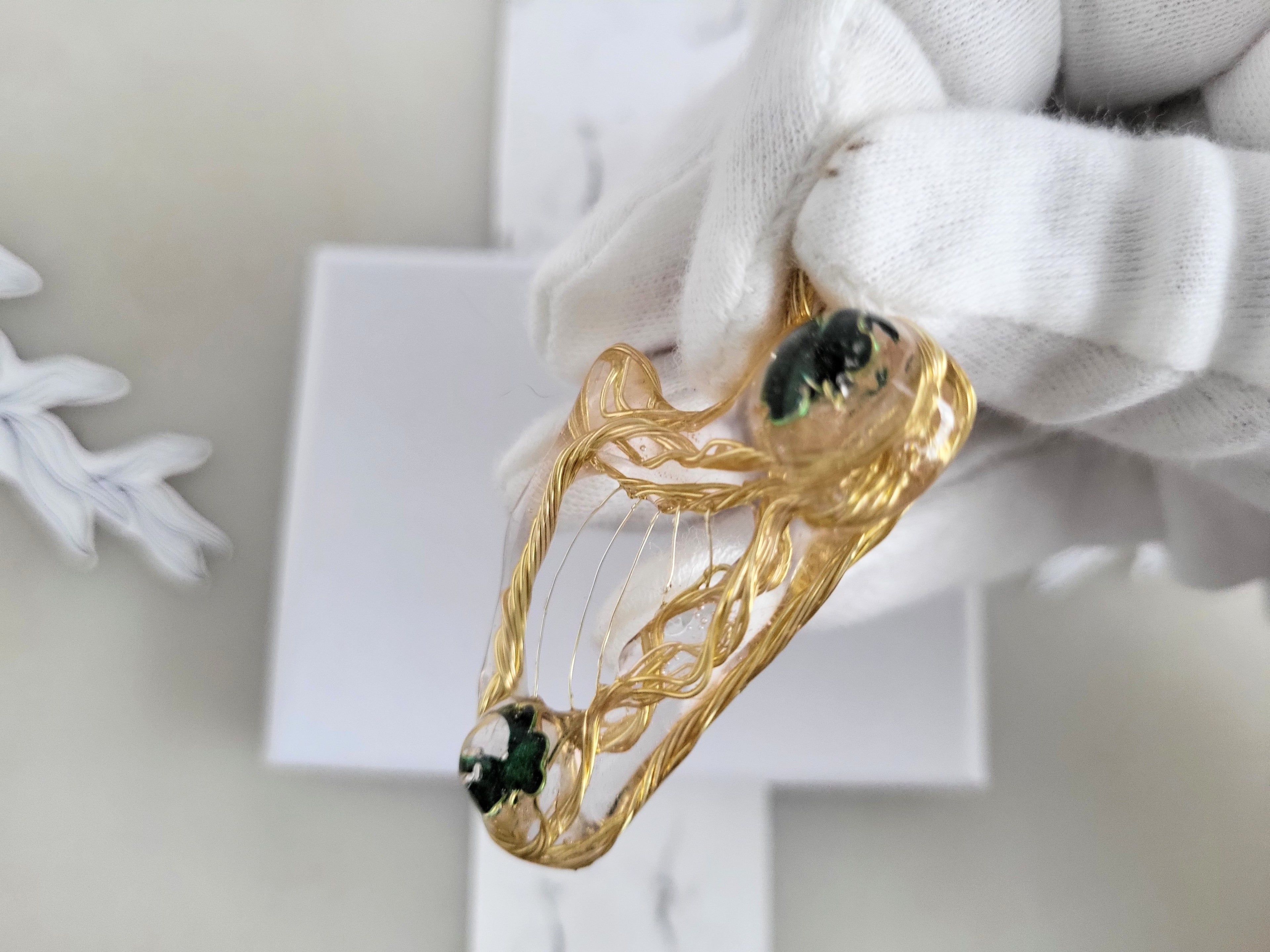 Irish Harp Necklace, Celtic Wire Wrapped Pendant, Green Botanical Jewelry, Gold Shamrock Clover Charm, Ireland Symbol Gift, Resin Artwear