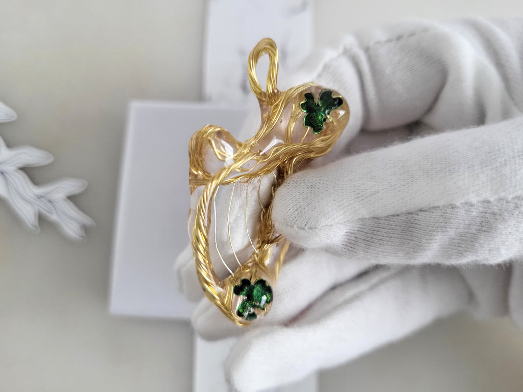 Irish Harp Necklace, Celtic Wire Wrapped Pendant, Green Botanical Jewelry, Gold Shamrock Clover Charm, Ireland Symbol Gift, Resin Artwear