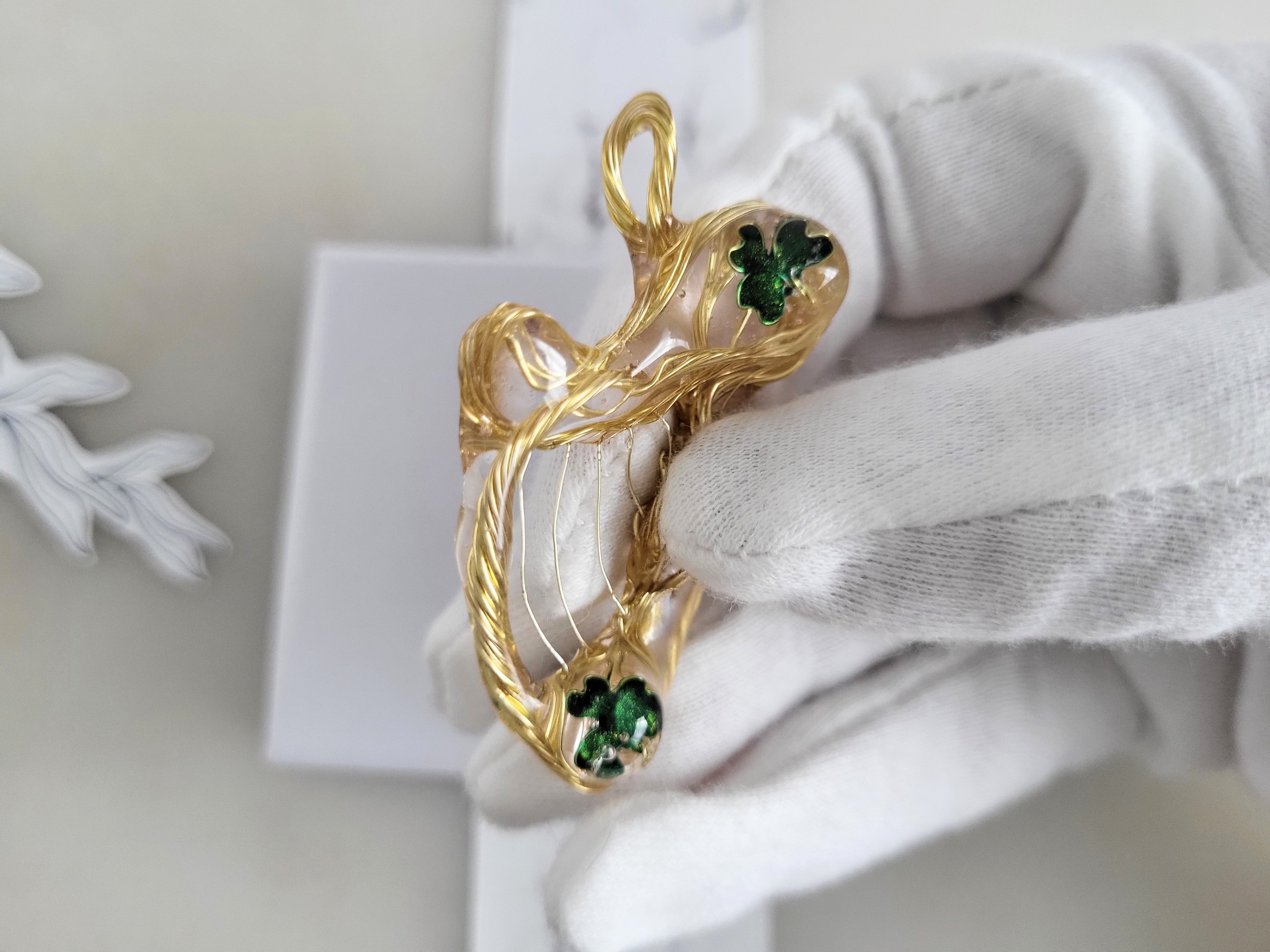 Irish Harp Necklace, Celtic Wire Wrapped Pendant, Green Botanical Jewelry, Gold Shamrock Clover Charm, Ireland Symbol Gift, Resin Artwear