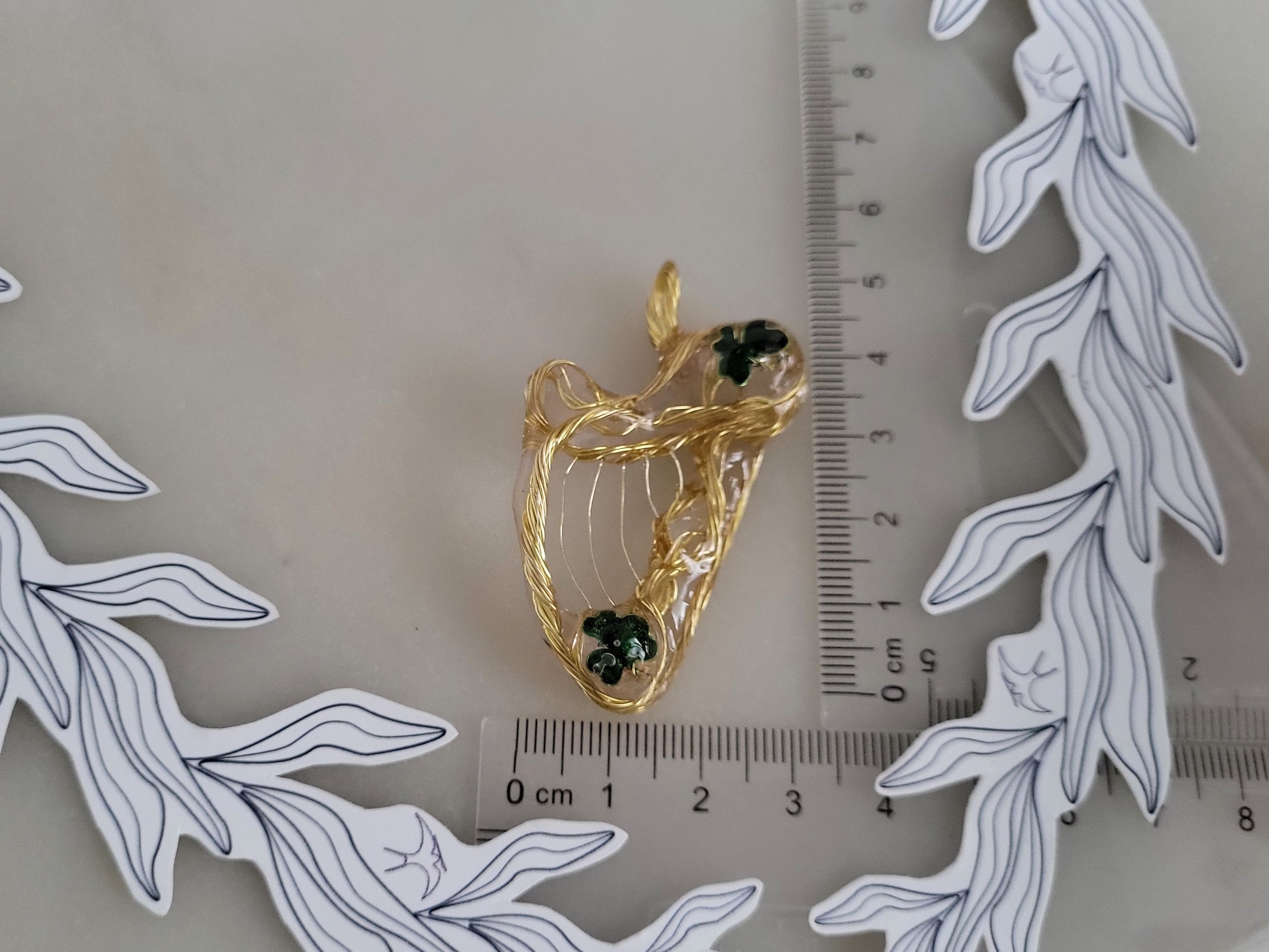 Irish Harp Necklace, Celtic Wire Wrapped Pendant, Green Botanical Jewelry, Gold Shamrock Clover Charm, Ireland Symbol Gift, Resin Artwear