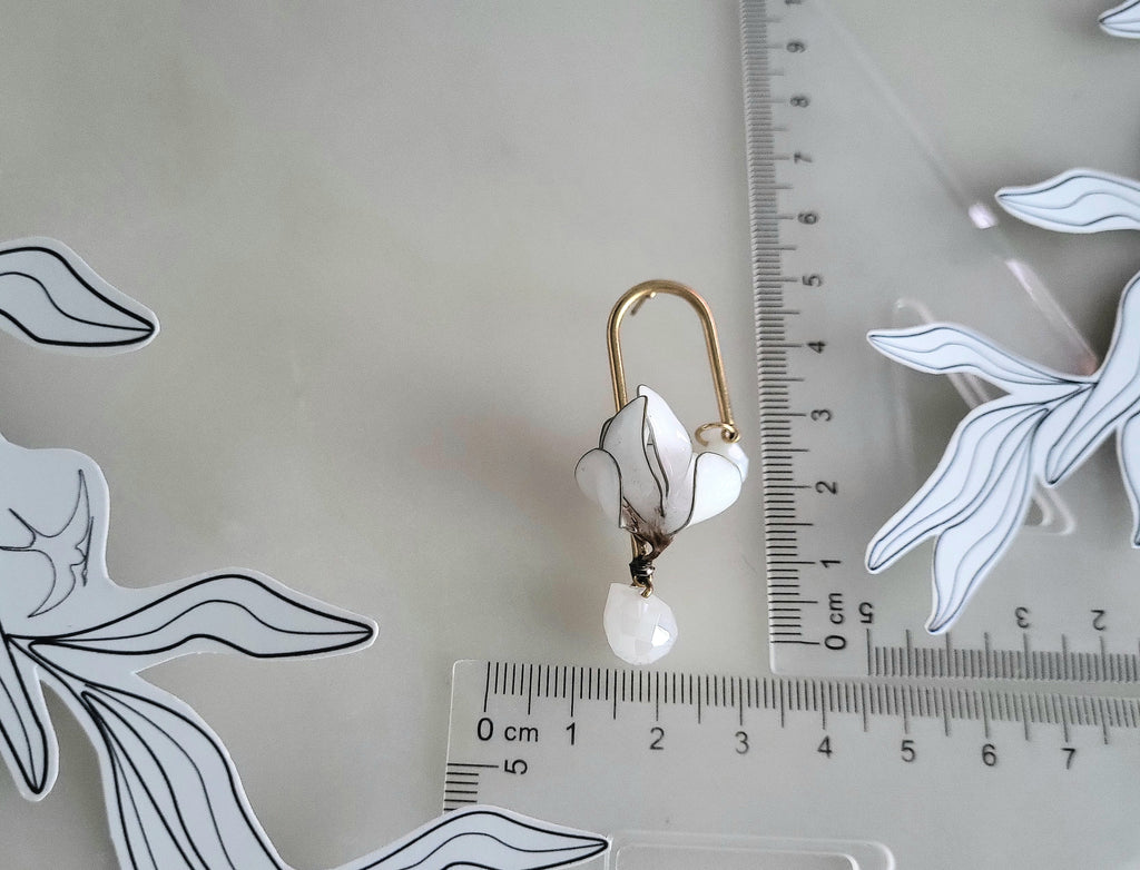 Magnolia earring, magnolia line art, Motherofthebridegift, white magnolie, Renaissance Faire Ren Faire Whimsical Quirky Mismatched Gold