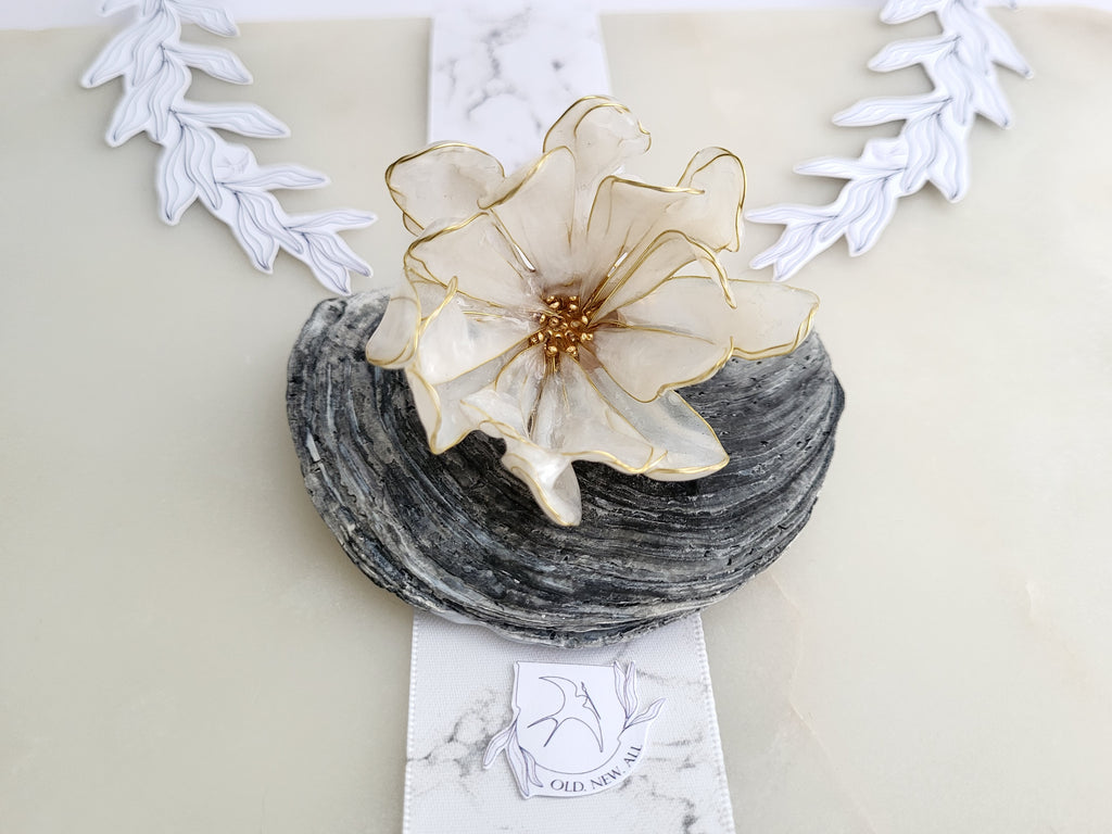 Pearly Resin Flower Brooch, Gold Wire Blossom Shawl Clip, Botanical Handcrafted Jewelry