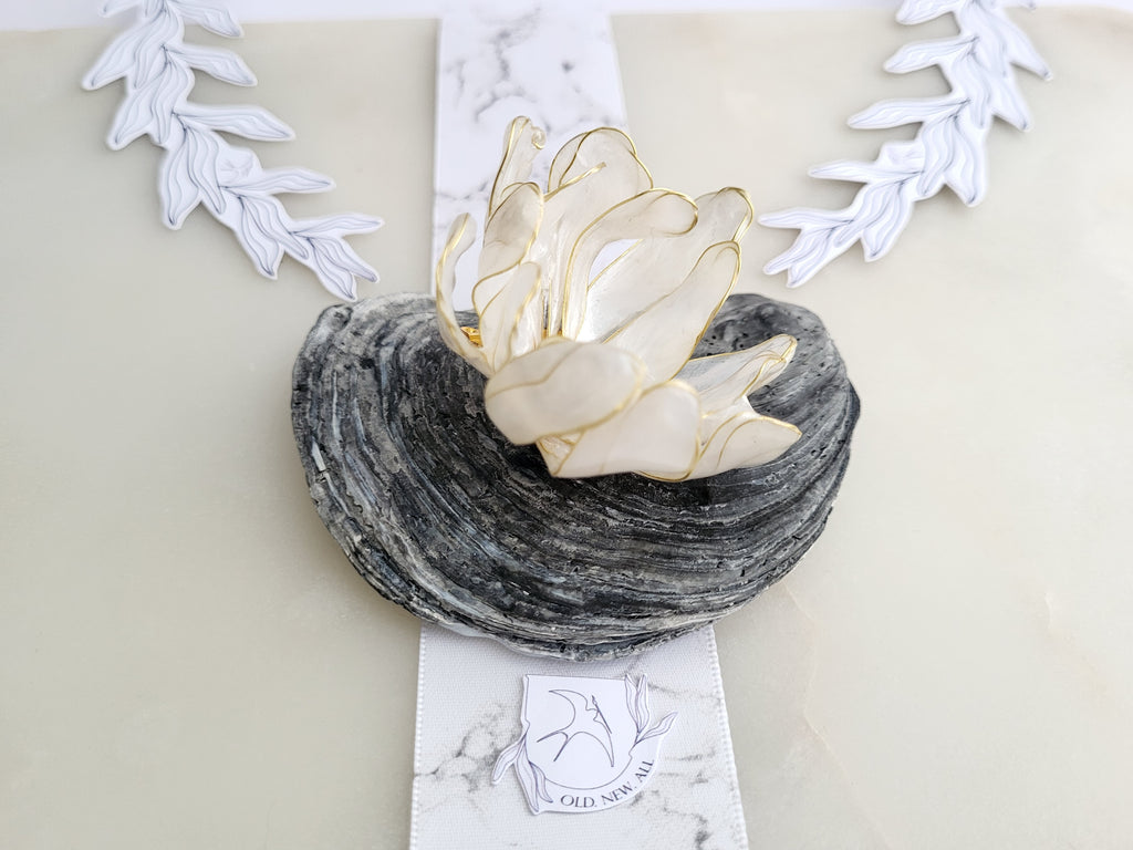Pearly Resin Flower Brooch, Gold Wire Blossom Shawl Clip, Botanical Handcrafted Jewelry