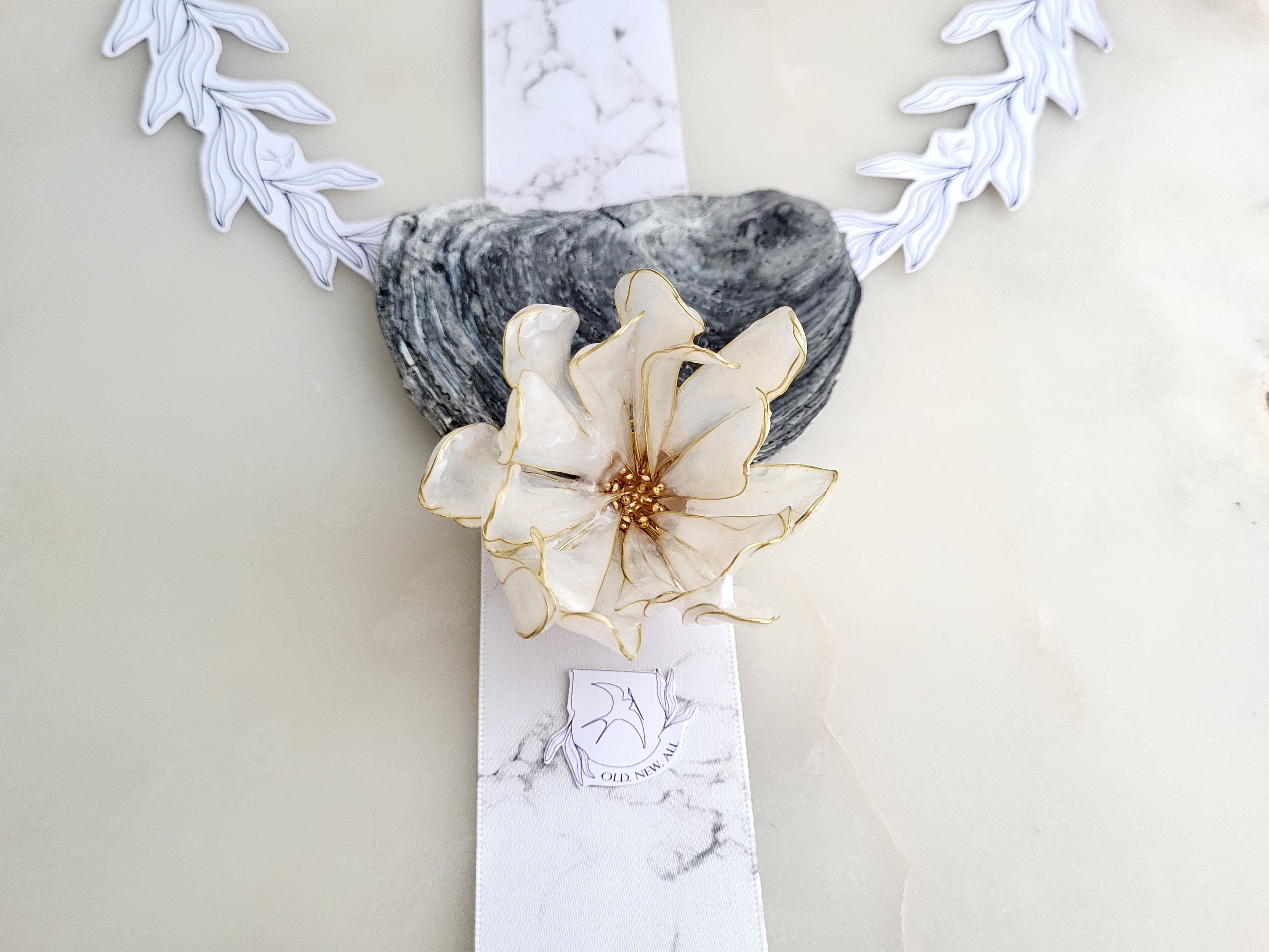 Pearly Resin Flower Brooch, Gold Wire Blossom Shawl Clip, Botanical Handcrafted Jewelry