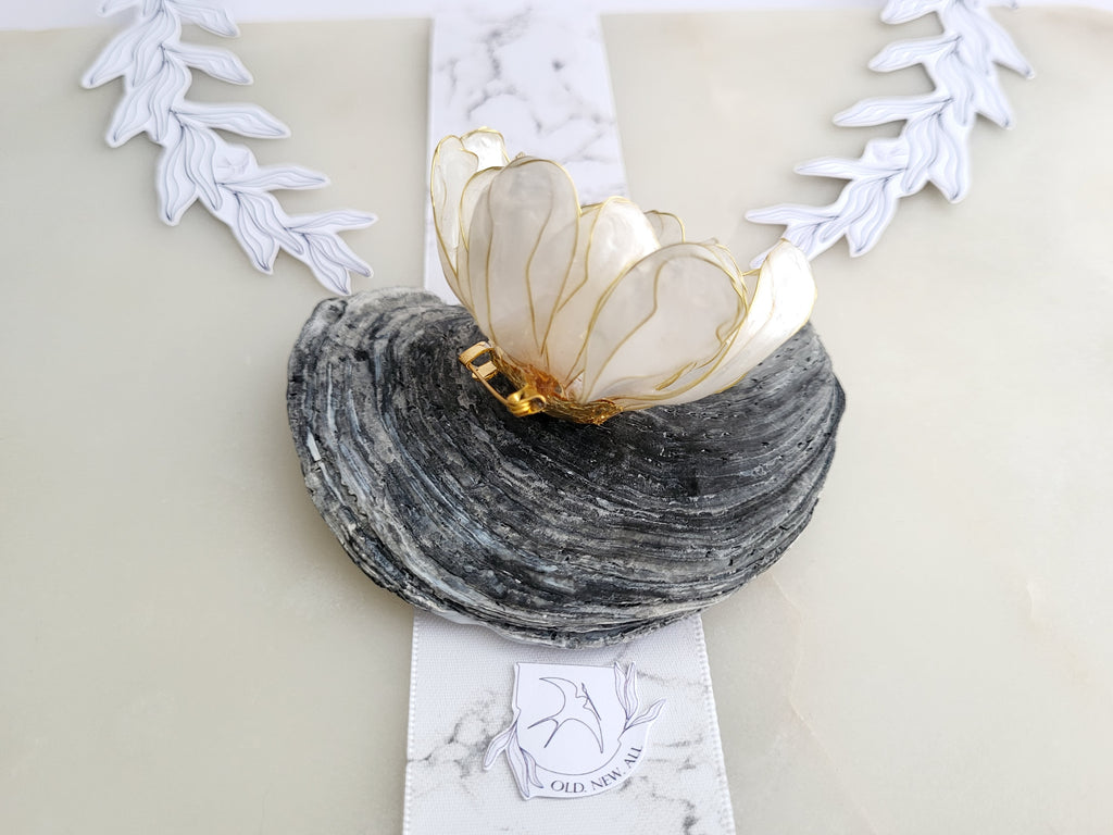 Pearly Resin Flower Brooch, Gold Wire Blossom Shawl Clip, Botanical Handcrafted Jewelry