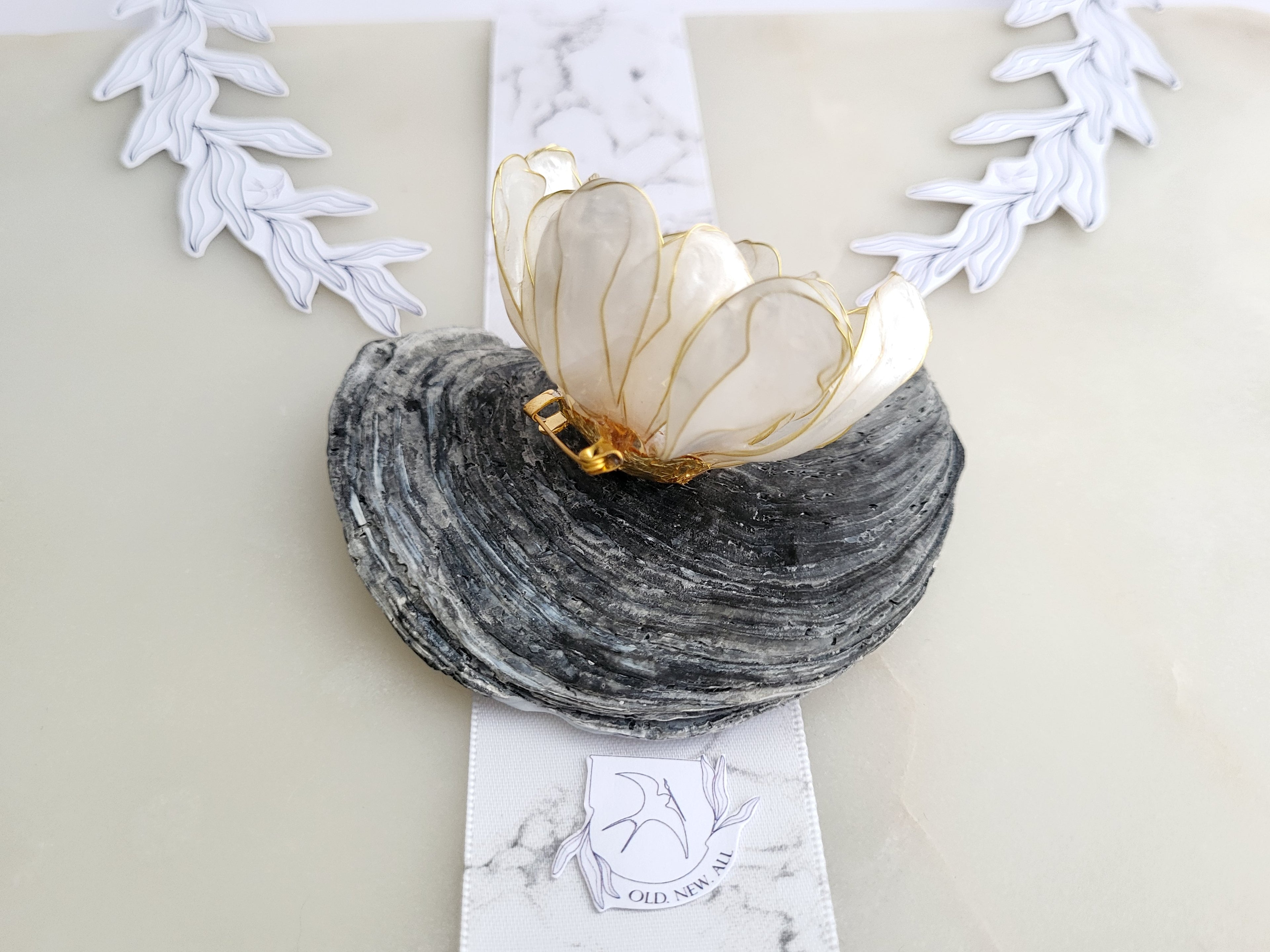 Pearly Resin Flower Brooch, Gold Wire Blossom Shawl Clip, Botanical Handcrafted Jewelry