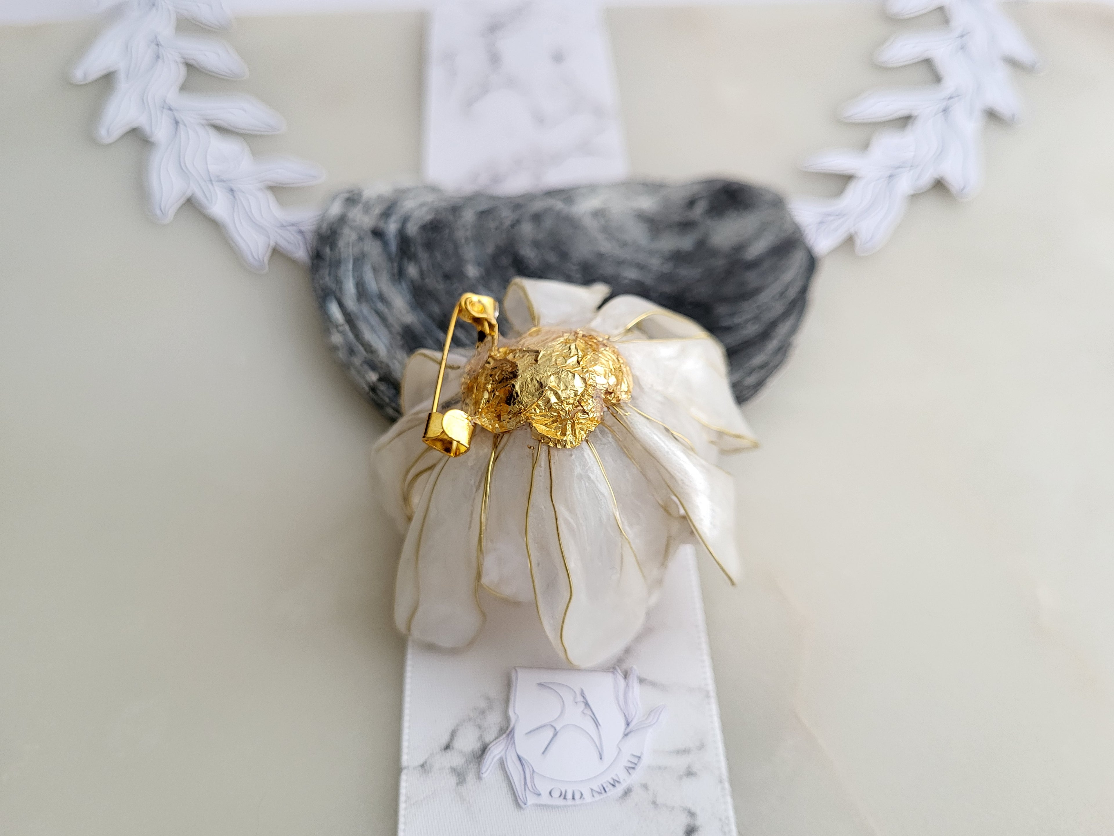 Pearly Resin Flower Brooch, Gold Wire Blossom Shawl Clip, Botanical Handcrafted Jewelry