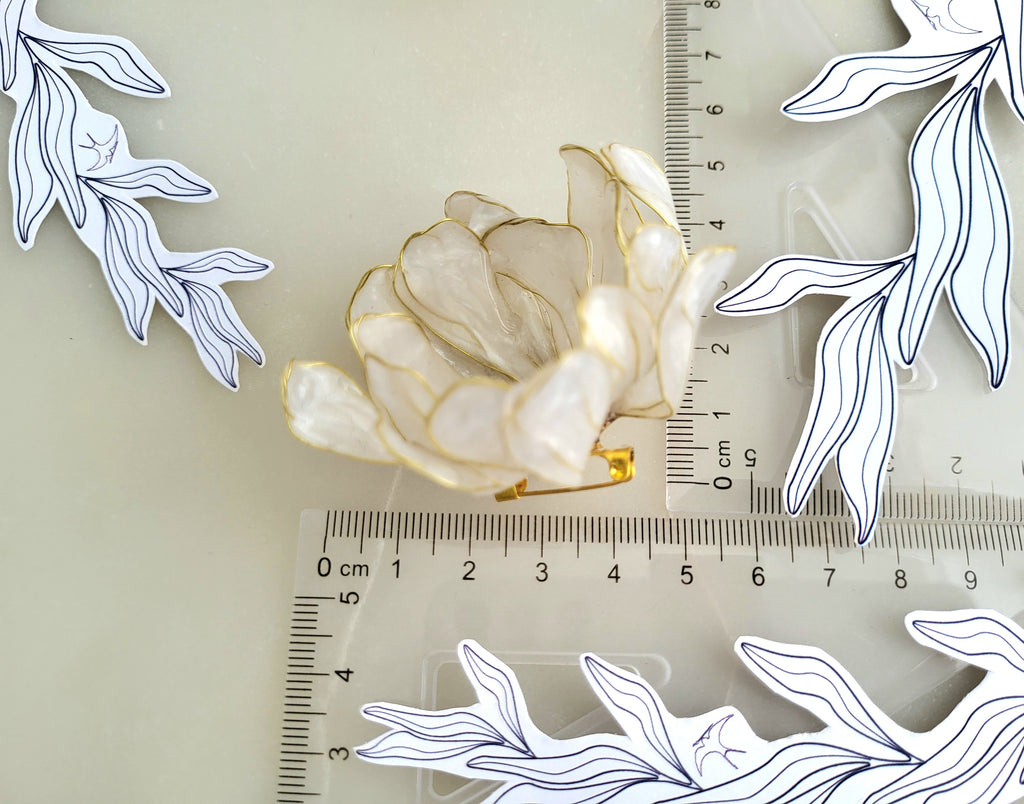 Pearly Resin Flower Brooch, Gold Wire Blossom Shawl Clip, Botanical Handcrafted Jewelry