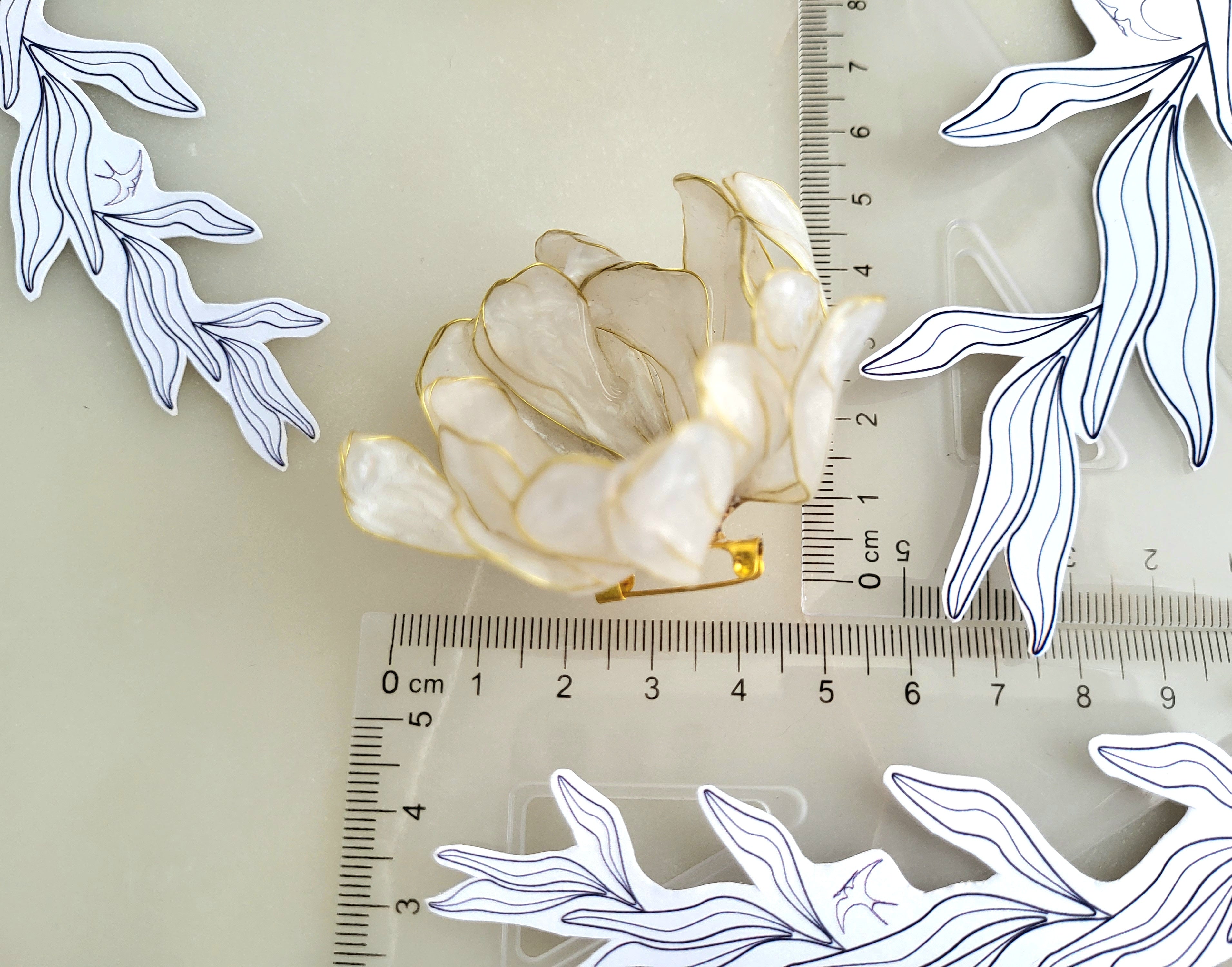 Pearly Resin Flower Brooch, Gold Wire Blossom Shawl Clip, Botanical Handcrafted Jewelry