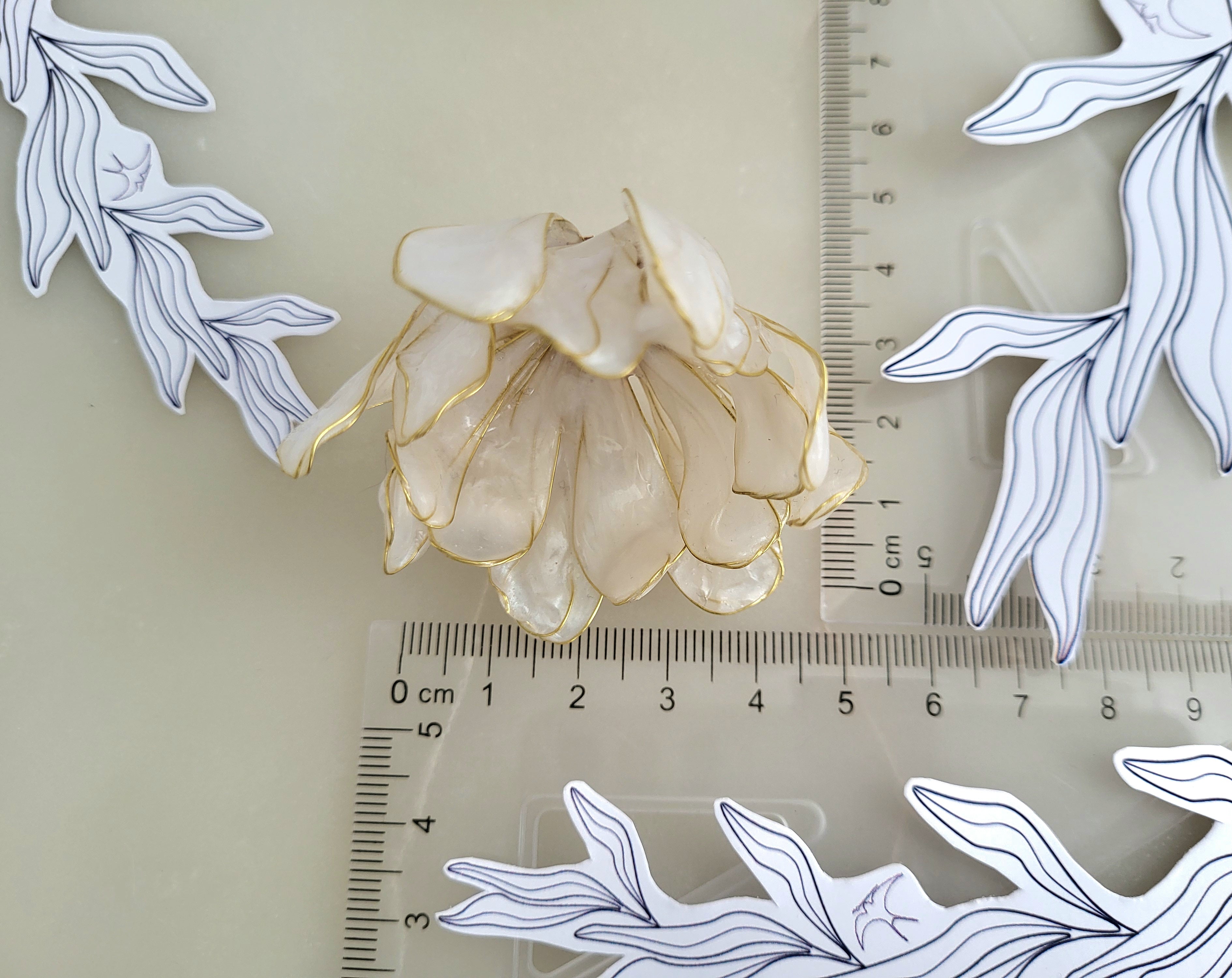 Pearly Resin Flower Brooch, Gold Wire Blossom Shawl Clip, Botanical Handcrafted Jewelry