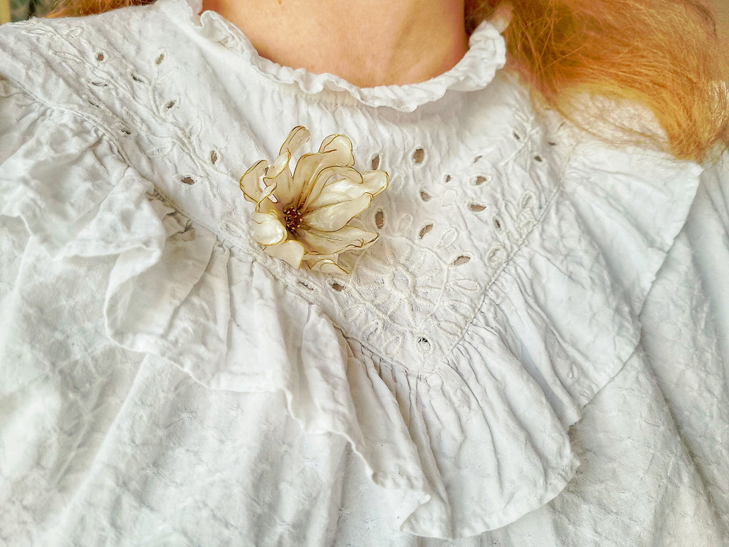 Pearly Resin Flower Brooch, Gold Wire Blossom Shawl Clip, Botanical Handcrafted Jewelry