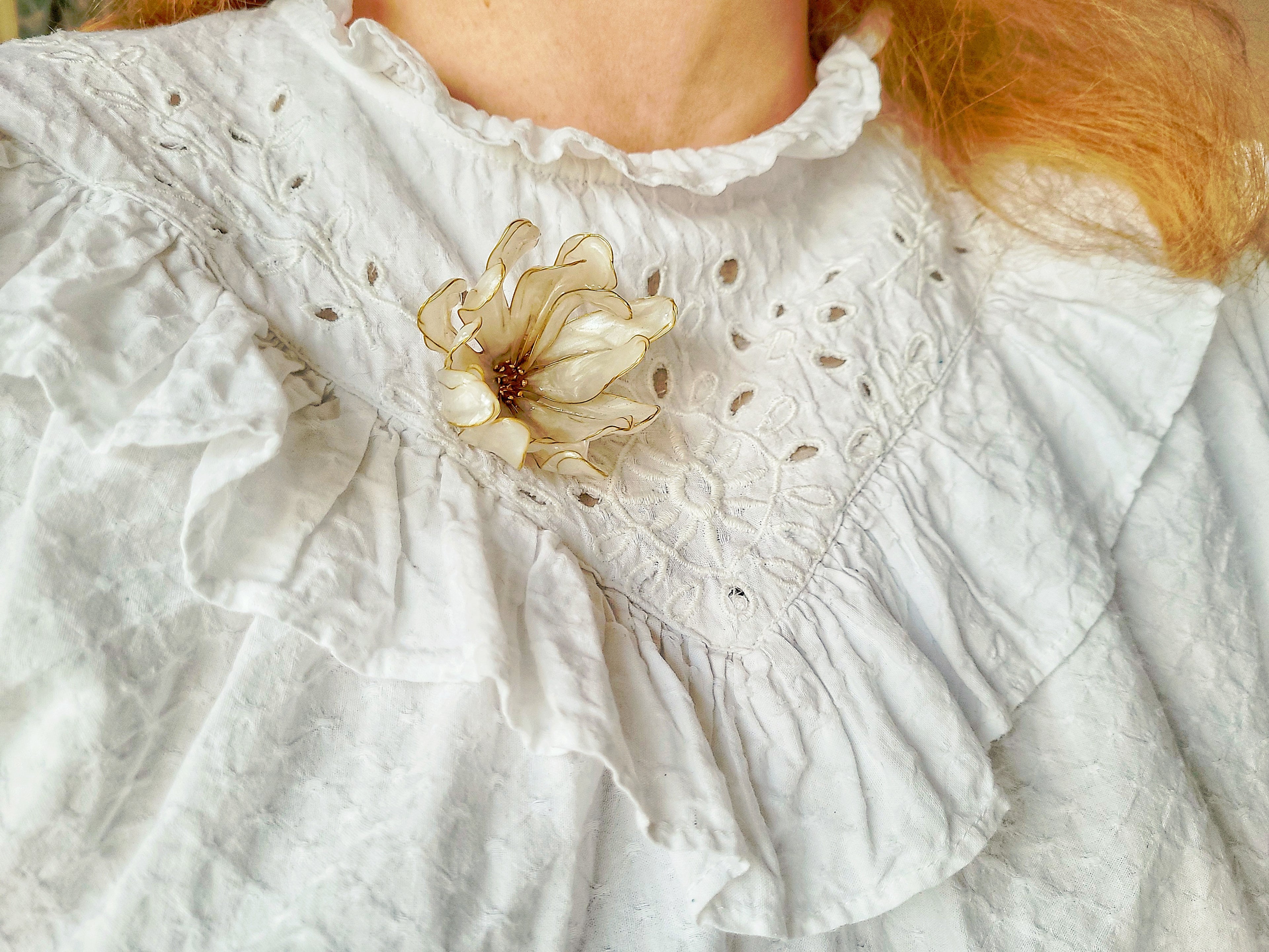Pearly Resin Flower Brooch, Gold Wire Blossom Shawl Clip, Botanical Handcrafted Jewelry