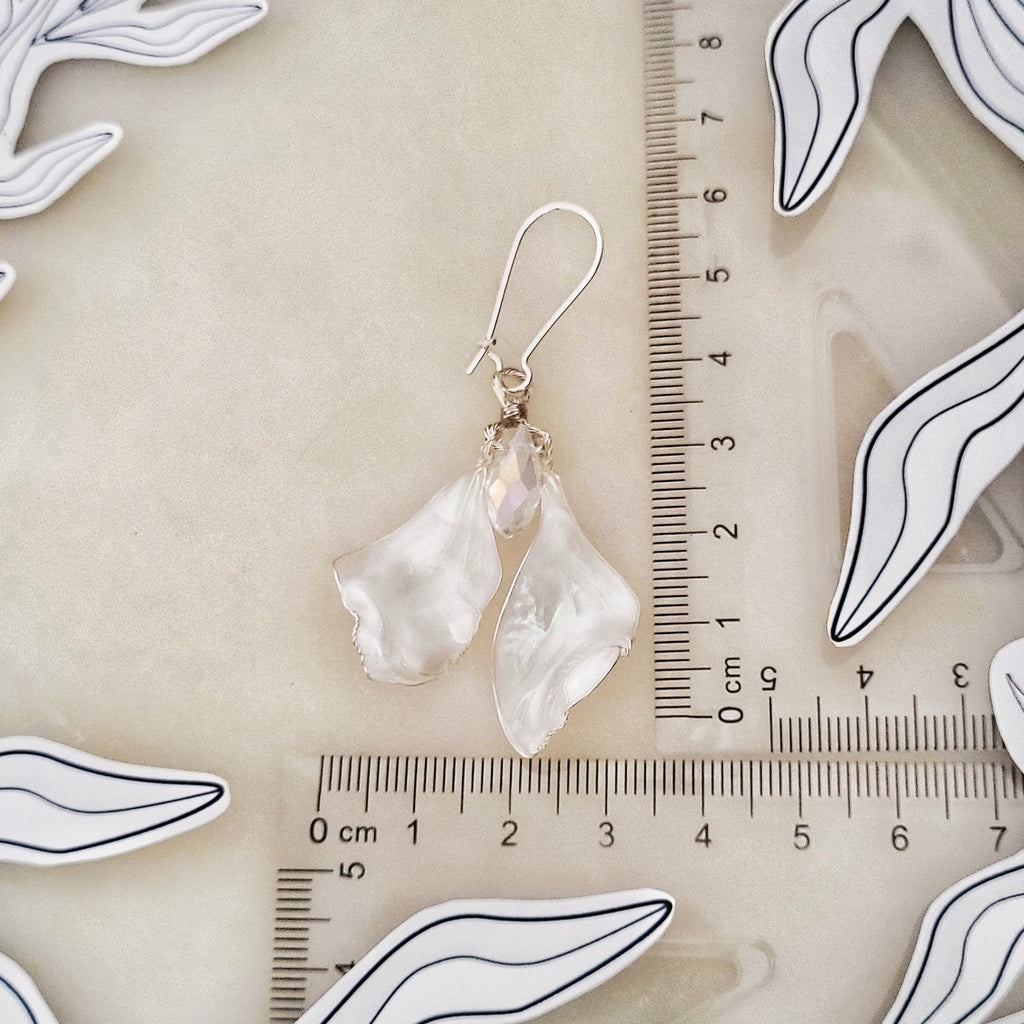 Handcrafted white mother-of-pearl resin earrings on silver french hooks with clear crystal suncatcher waterdrops with ruler