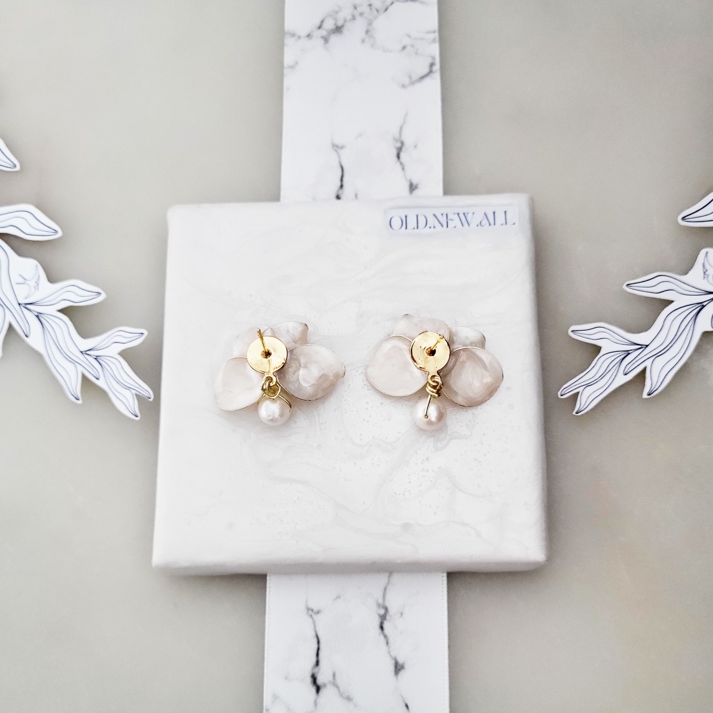 Orchid Earrings with Pearls, Genuine Freshwater Pearl Jewelry, Elven Wedding Flower Dangles, Elegant Bridal Floral Gift, Gold Pearl Charm