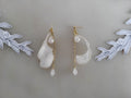 White Waterdrop Crystal Earrings, Gold Floral Dangle Studs, Pearly Resin Flower on Chain, Teardrop Mother of Pearl Style Bridal Jewelry