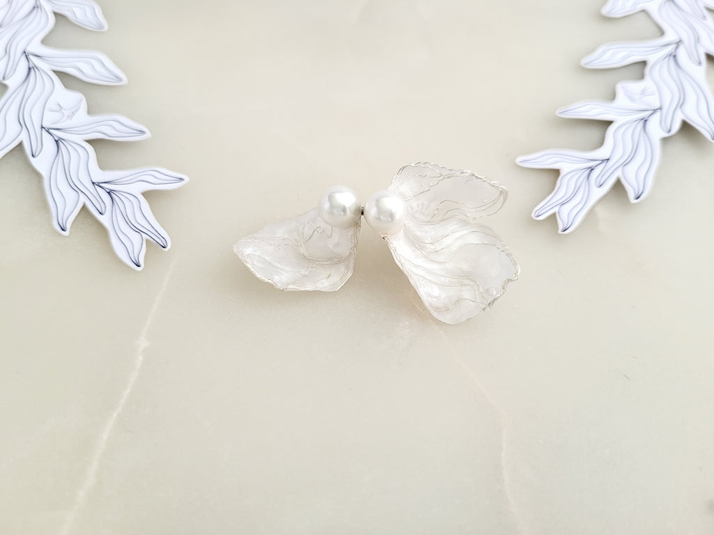 White Flower Earrings, Asymmetrical Silver Vein Jewelry, Mismatched Resin Petal Studs, Pearly Botanical Bridal Gift, Whimiscal Jewellery