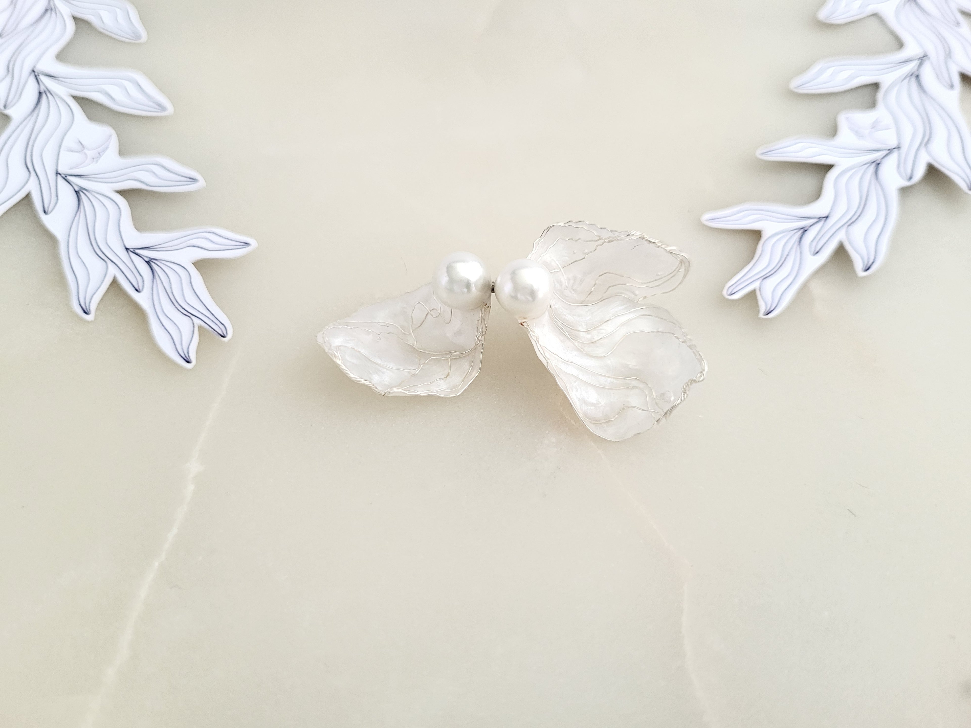 White Flower Earrings, Asymmetrical Silver Vein Jewelry, Mismatched Resin Petal Studs, Pearly Botanical Bridal Gift, Whimiscal Jewellery