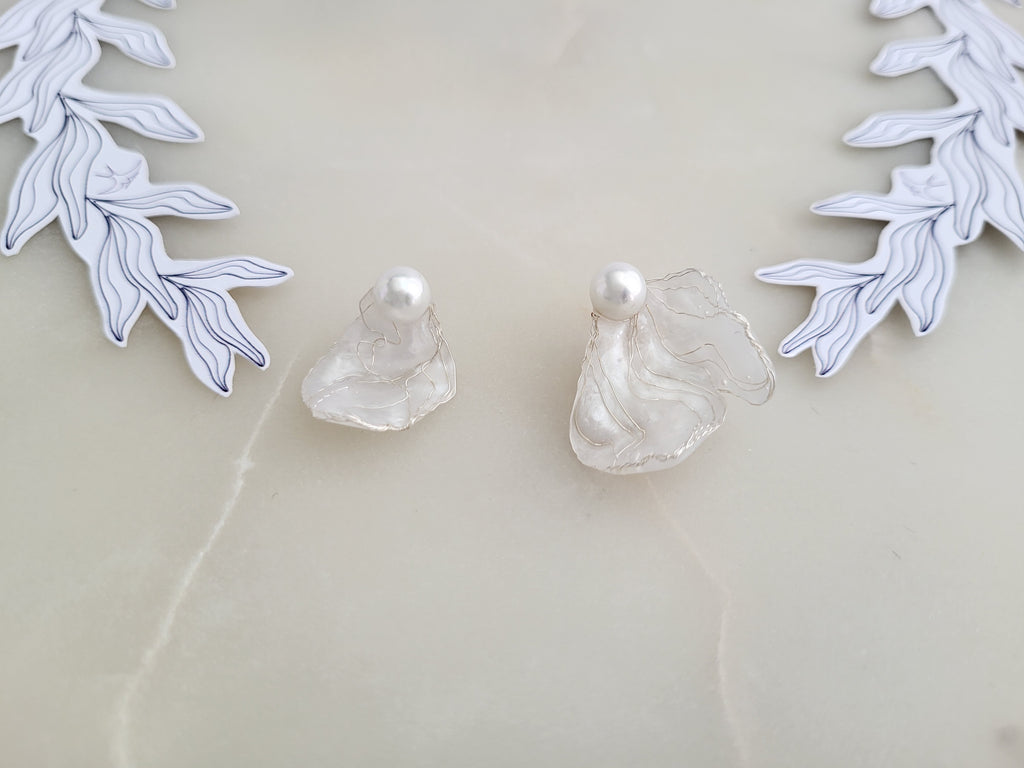 White Flower Earrings, Asymmetrical Silver Vein Jewelry, Mismatched Resin Petal Studs, Pearly Botanical Bridal Gift, Whimiscal Jewellery