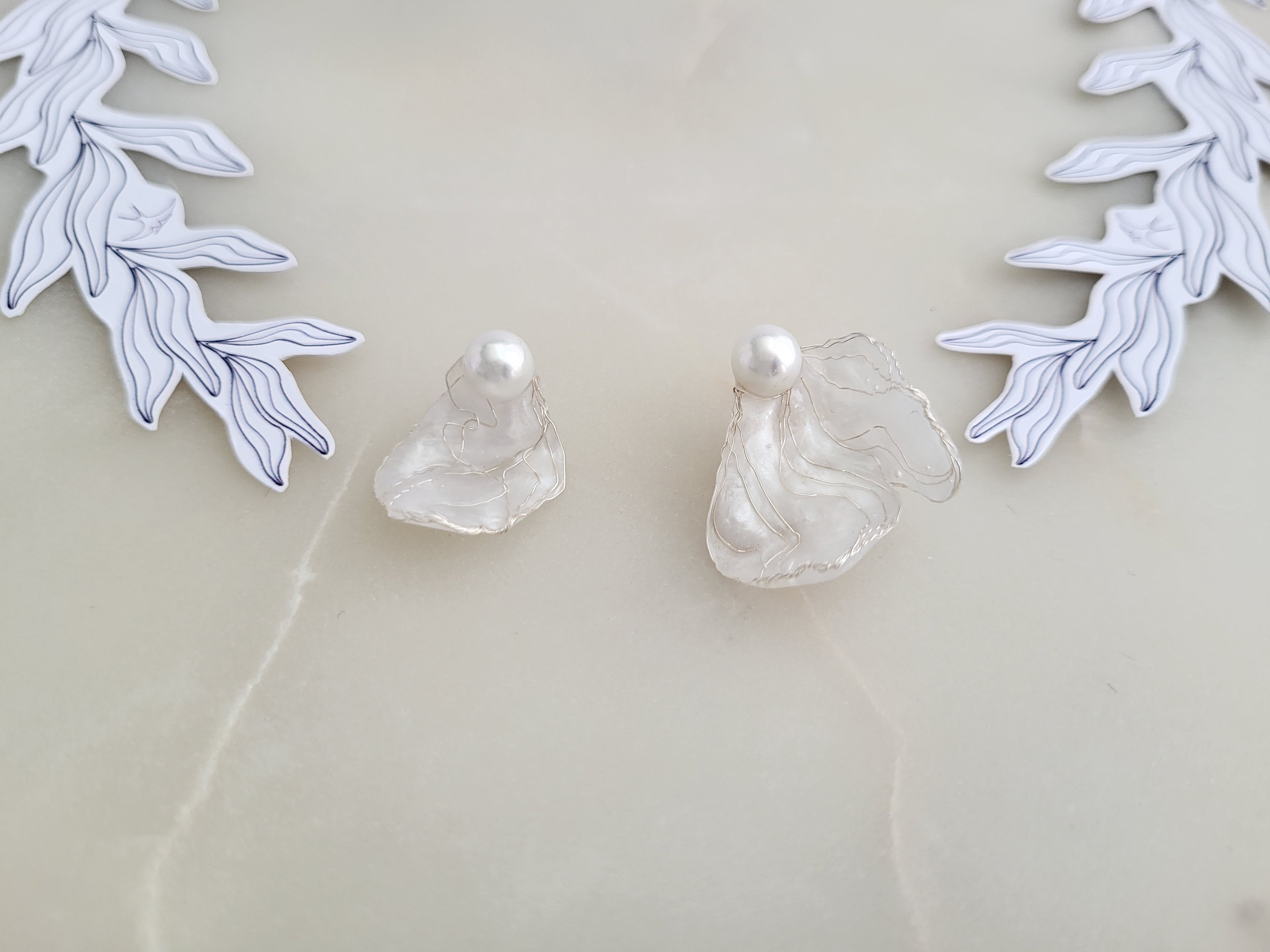 White Flower Earrings, Asymmetrical Silver Vein Jewelry, Mismatched Resin Petal Studs, Pearly Botanical Bridal Gift, Whimiscal Jewellery