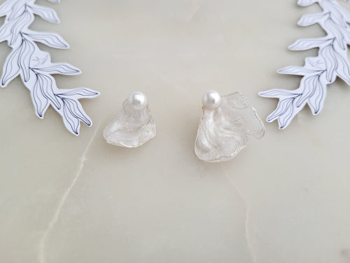 White Flower Earrings, Asymmetrical Silver Vein Jewelry, Mismatched Resin Petal Studs, Pearly Botanical Bridal Gift, Whimiscal Jewellery