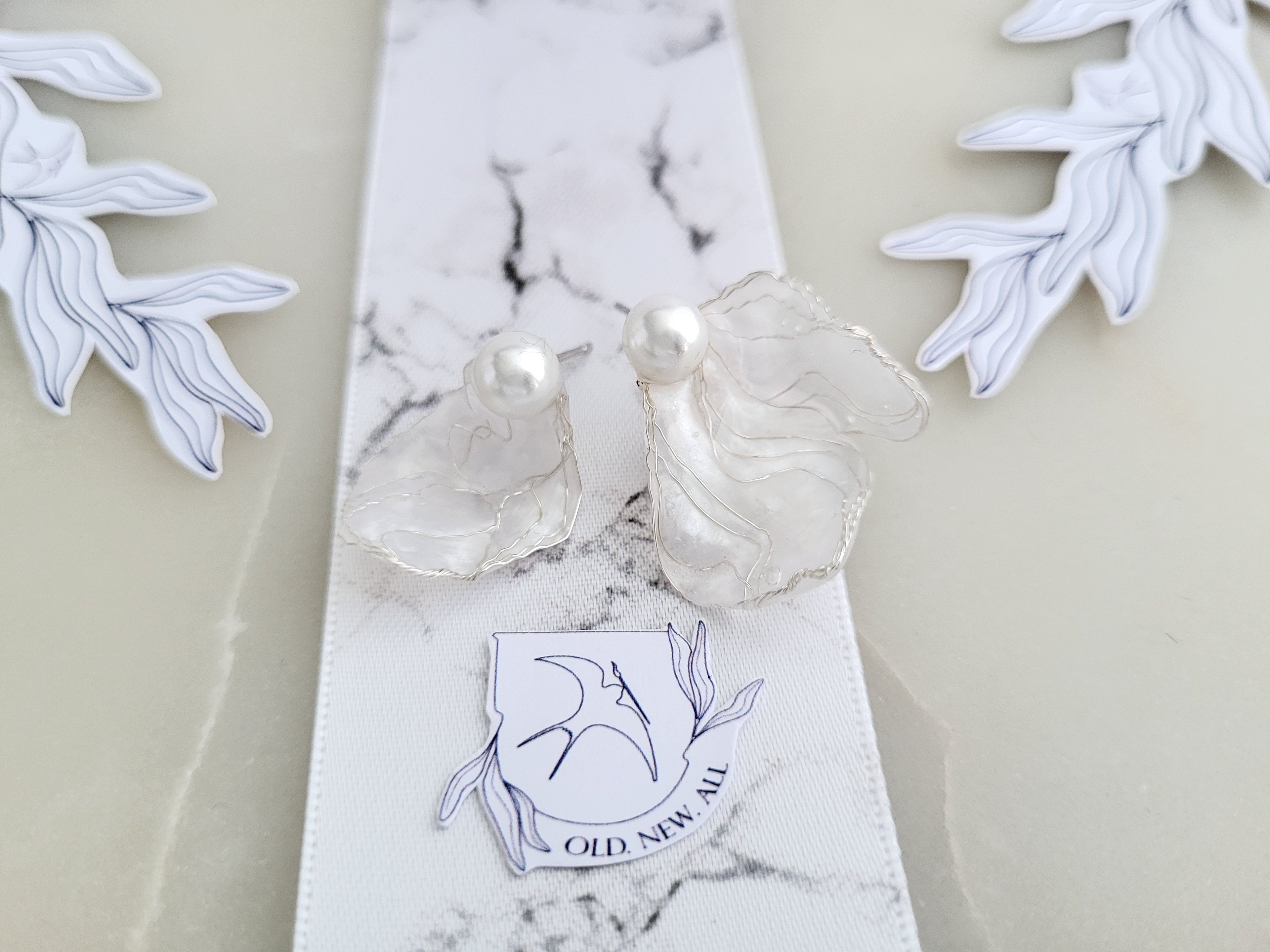 White Flower Earrings, Asymmetrical Silver Vein Jewelry, Mismatched Resin Petal Studs, Pearly Botanical Bridal Gift, Whimiscal Jewellery