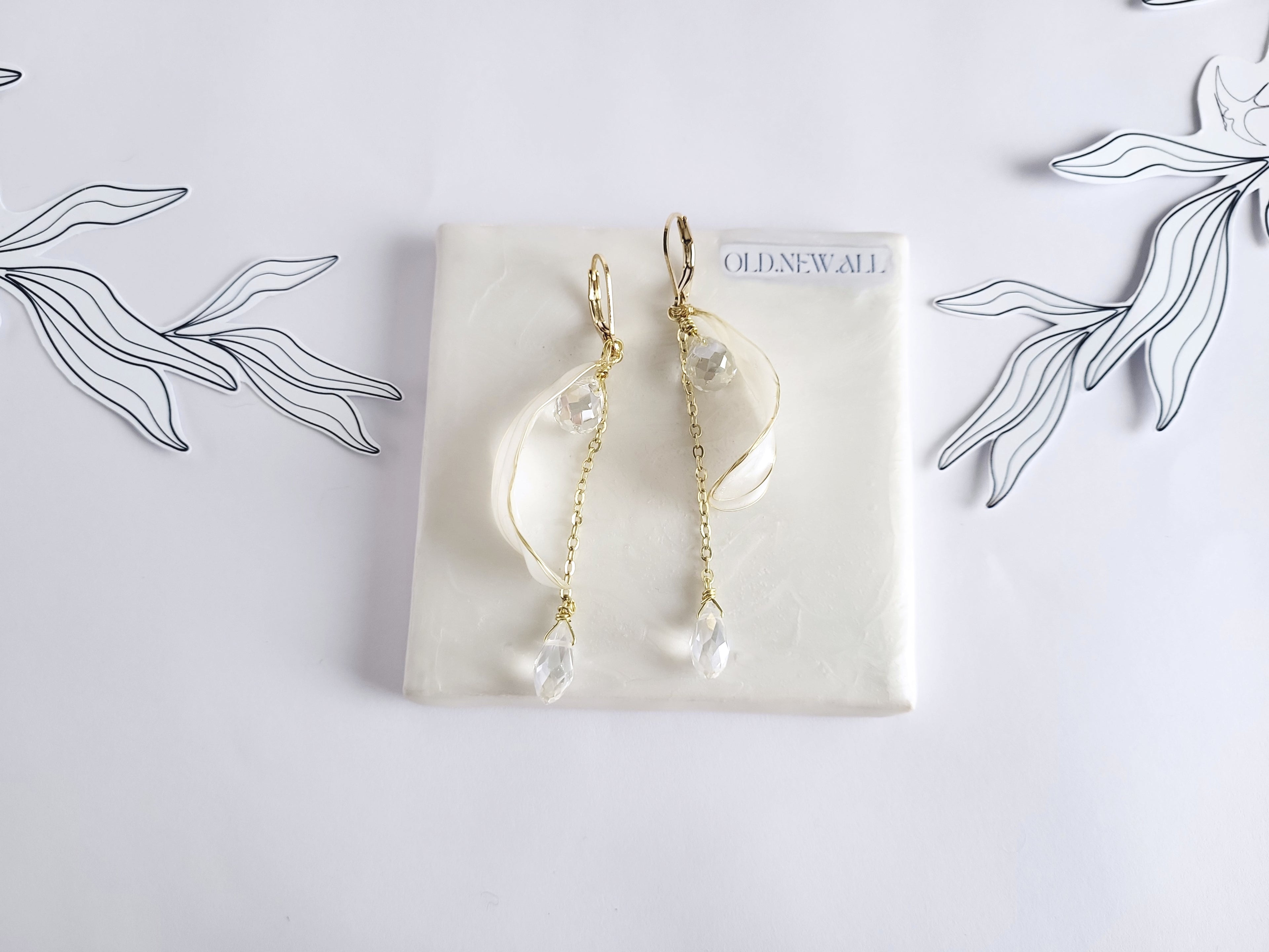 Clear Waterdrop Crystal Earrings, Gold Floral Dangle Studs, Pearly White Resin Flower on Chain, Teardrop Mother of Pearl Style Drop Earring