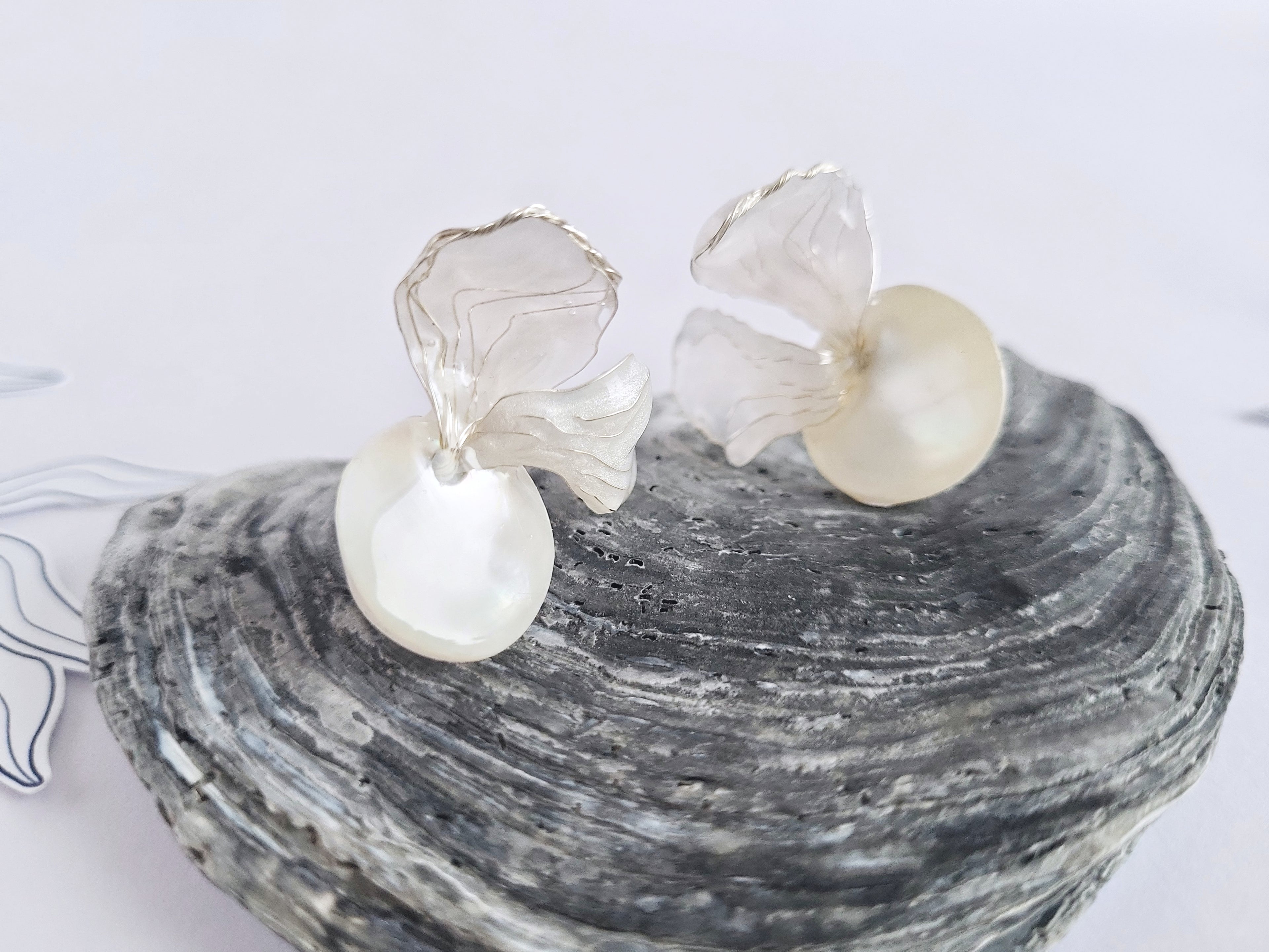 Mother of Pearl Studs, White Rabbit Ear Earrings, Asymmetrical Resin Petal Dangles, Statement Botanical Jewelry, Fairycore Cottagecore Gift