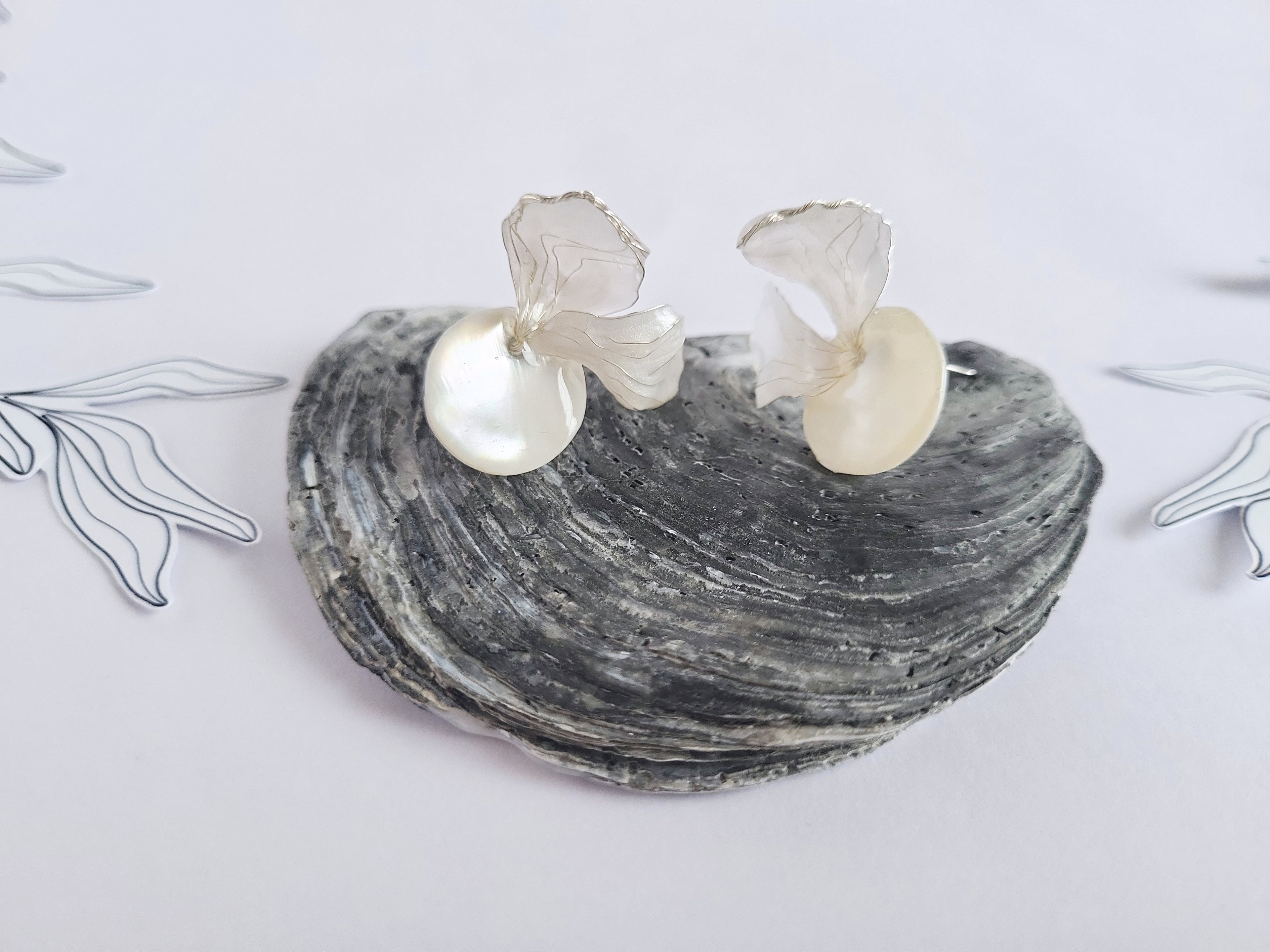 Mother of Pearl Studs, White Rabbit Ear Earrings, Asymmetrical Resin Petal Dangles, Statement Botanical Jewelry, Fairycore Cottagecore Gift