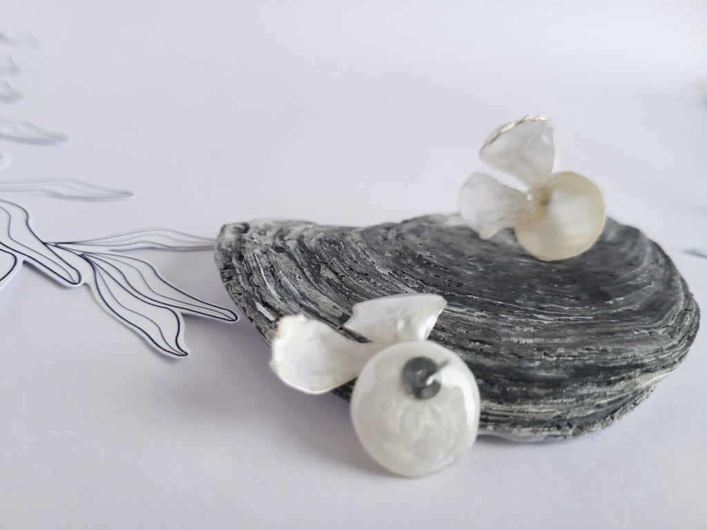 Mother of Pearl Studs, White Rabbit Ear Earrings, Asymmetrical Resin Petal Dangles, Statement Botanical Jewelry, Fairycore Cottagecore Gift
