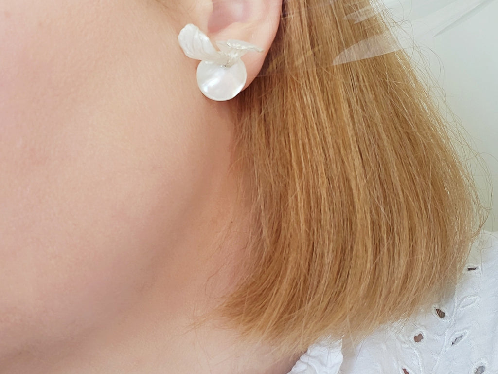Mother of Pearl Studs, White Rabbit Ear Earrings, Asymmetrical Resin Petal Dangles, Statement Botanical Jewelry, Fairycore Cottagecore Gift