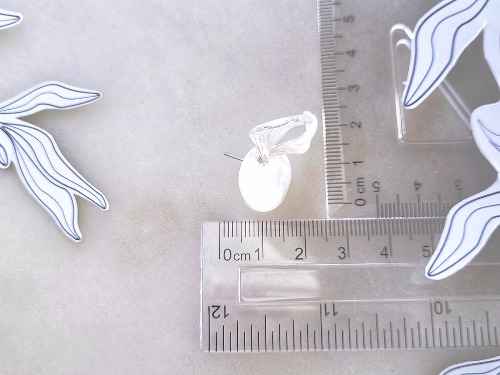 Mother of Pearl Studs, White Rabbit Ear Earrings, Asymmetrical Resin Petal Dangles, Statement Botanical Jewelry, Fairycore Cottagecore Gift